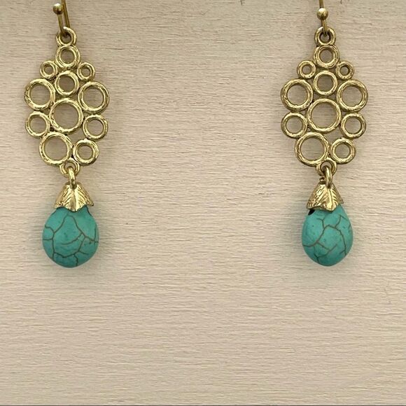 Gold tone faux turquoise fish hook earrings - Picture 5 of 8